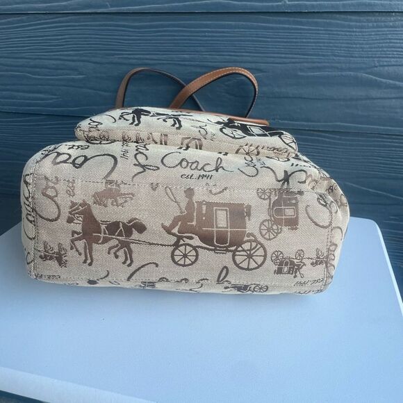 COACH Signature Madison Horse & Carriage Campbell Shoulder Bag Tote Tan Khaki - Picture 4 of 8